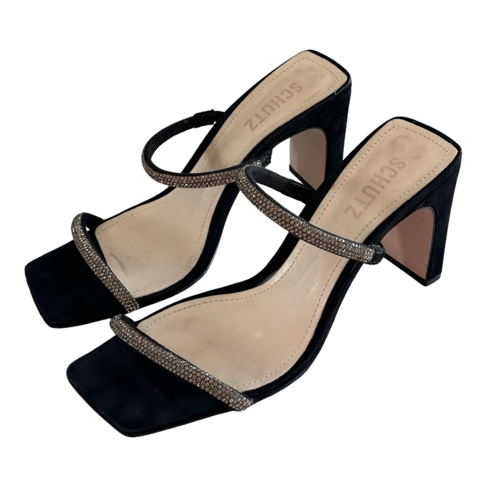 Schutz Womens Black Rhinestone Salwa Square Toe Block Heel Slip On Sandal Size 7 - Picture 4 of 11